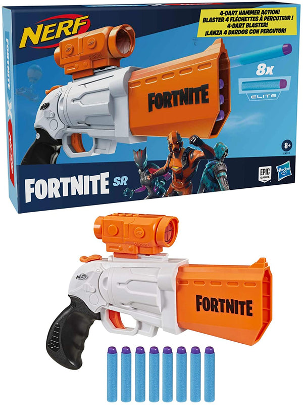 NERF Fortnite SR Blaster  4-Dart Hammer Action Includes Removable Scope and 8 Official Elite Darts