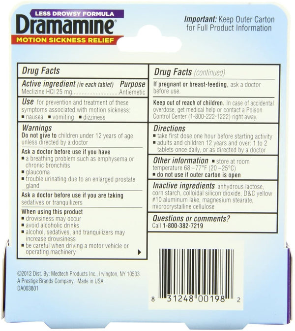 Dramamine Less Drwsy Tab Size 8 Ct Dramamine Less Drwsy Tab New 8