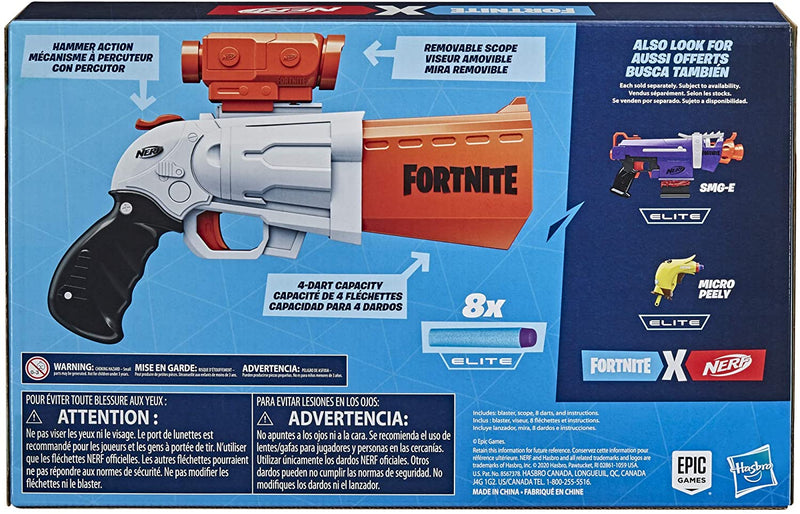 NERF Fortnite SR Blaster  4-Dart Hammer Action Includes Removable Scope and 8 Official Elite Darts