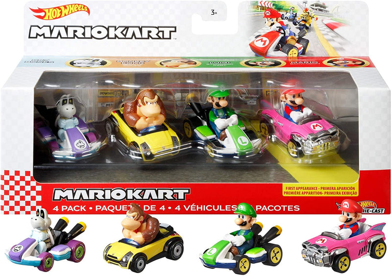 Hot Wheels Mario Kart Vehicle 4-Pack, Set of 4 Fan-Favorite Characters Includes 1 Exclusive Model