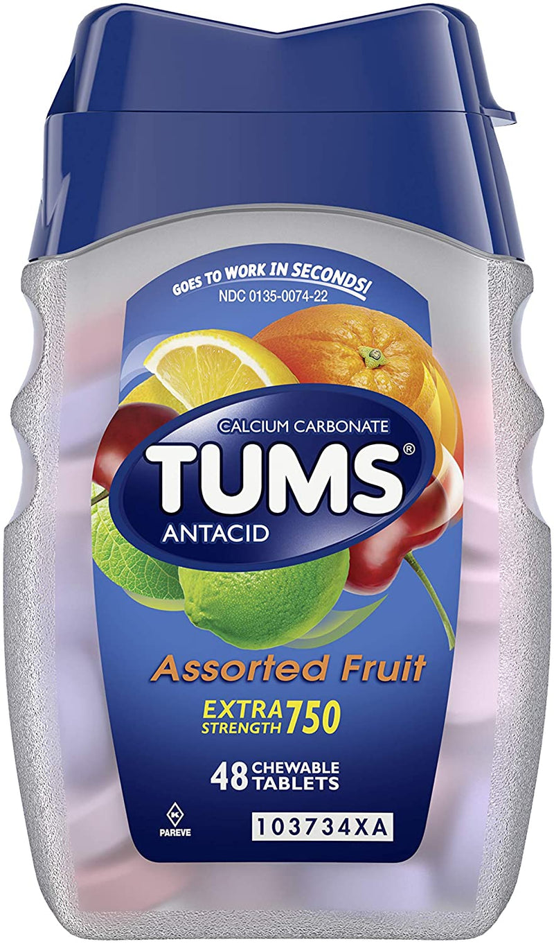 TUMS Antacid Chewable Tablets for Heartburn Relief, Extra Strength, Assorted Fruit, 48 Tablets